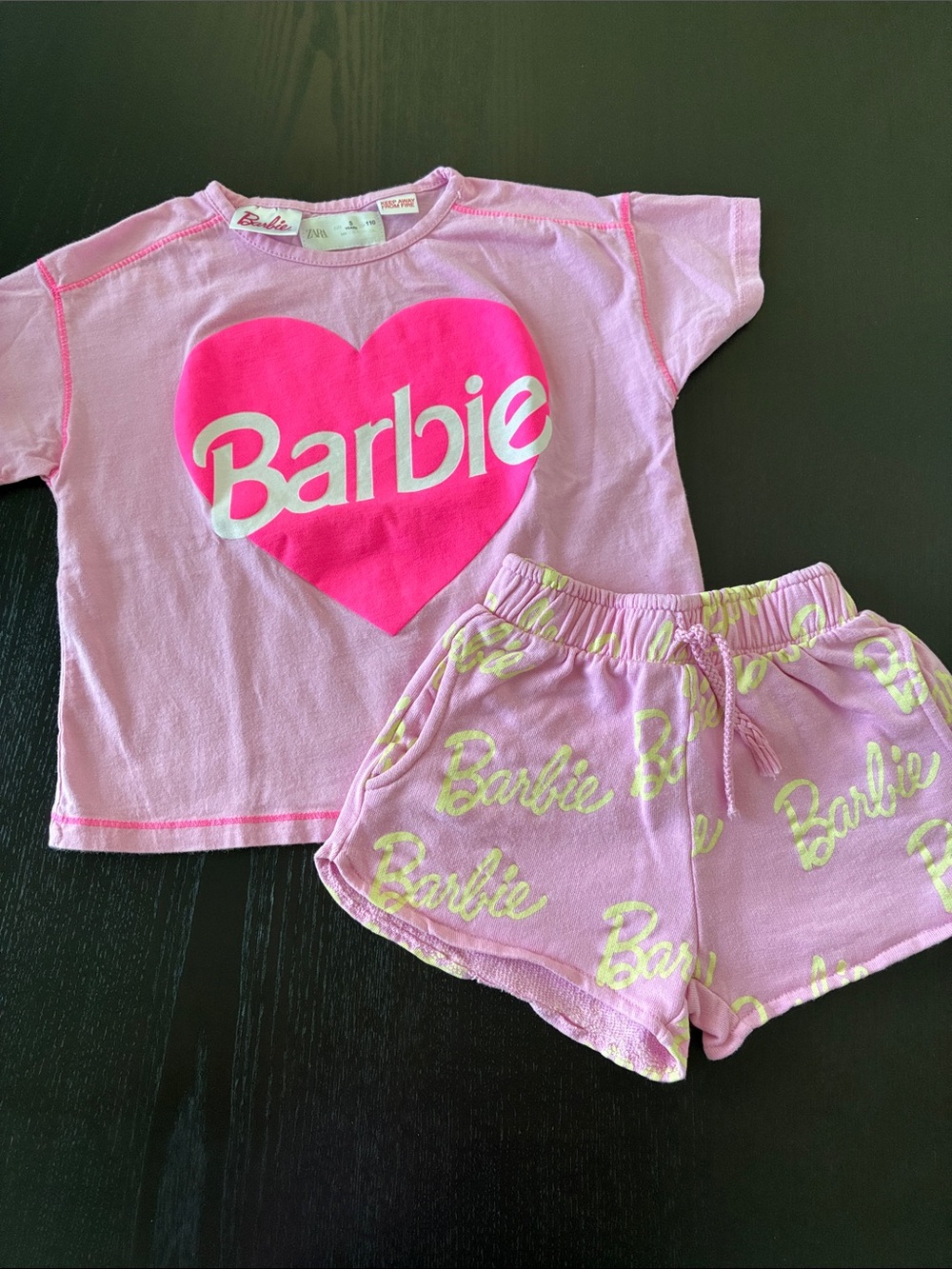 Zara Girls Barbie Heart Tee & Logo Shorts Pajama Set